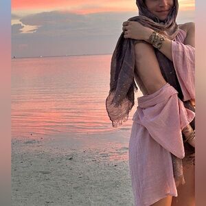 Light Pink Linen Cotton Hand Knit Open Cardigan Sweater Poncho Shall